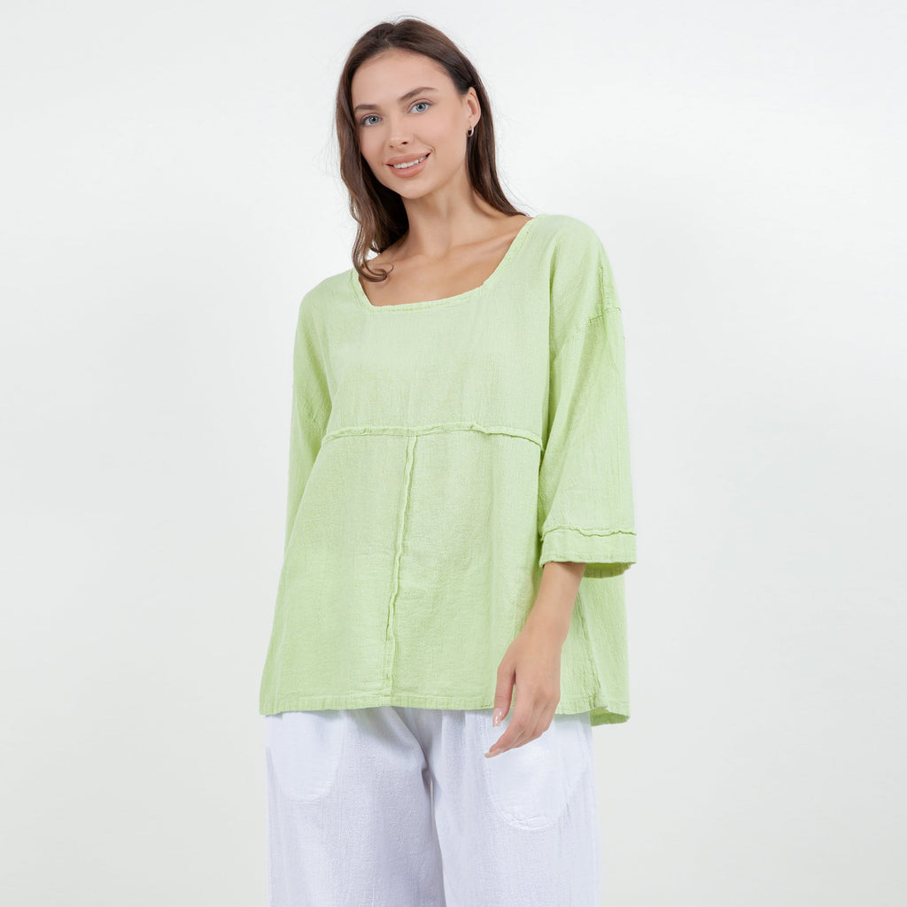 Lime green cotton gauze peasant top with square neckline and 3/4 sleeves