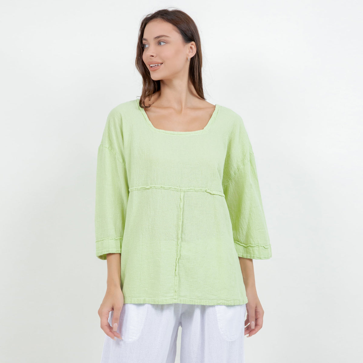 Light green cotton gauze tunic top with square neckline and 3/4 sleeves