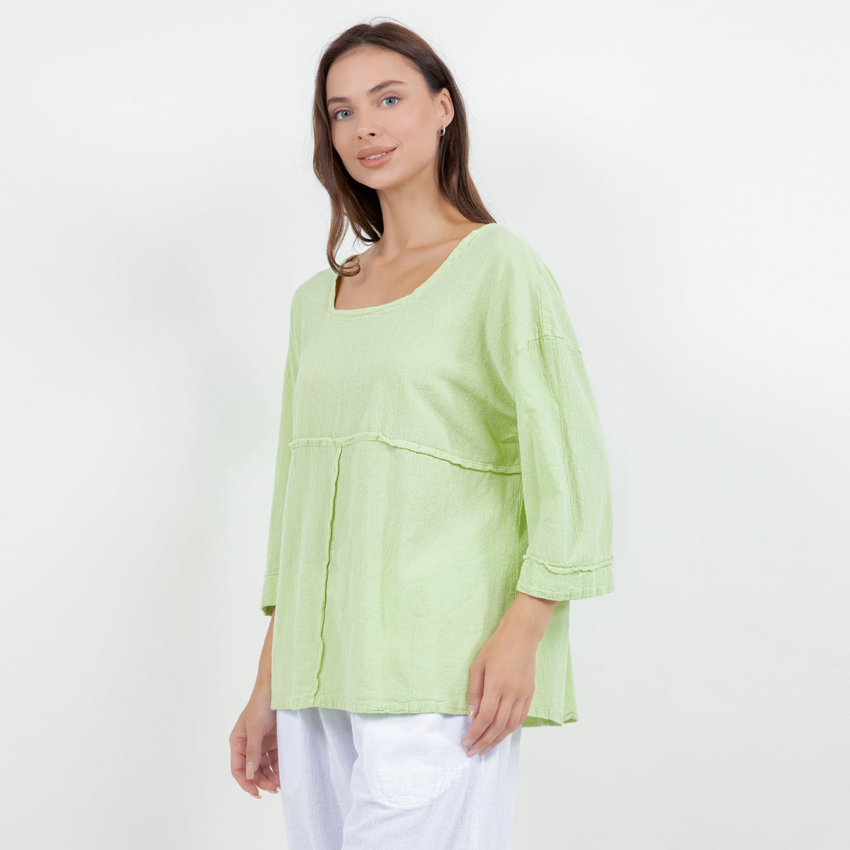 Lime green cotton gauze tunic top with square neckline and 3/4 sleeves