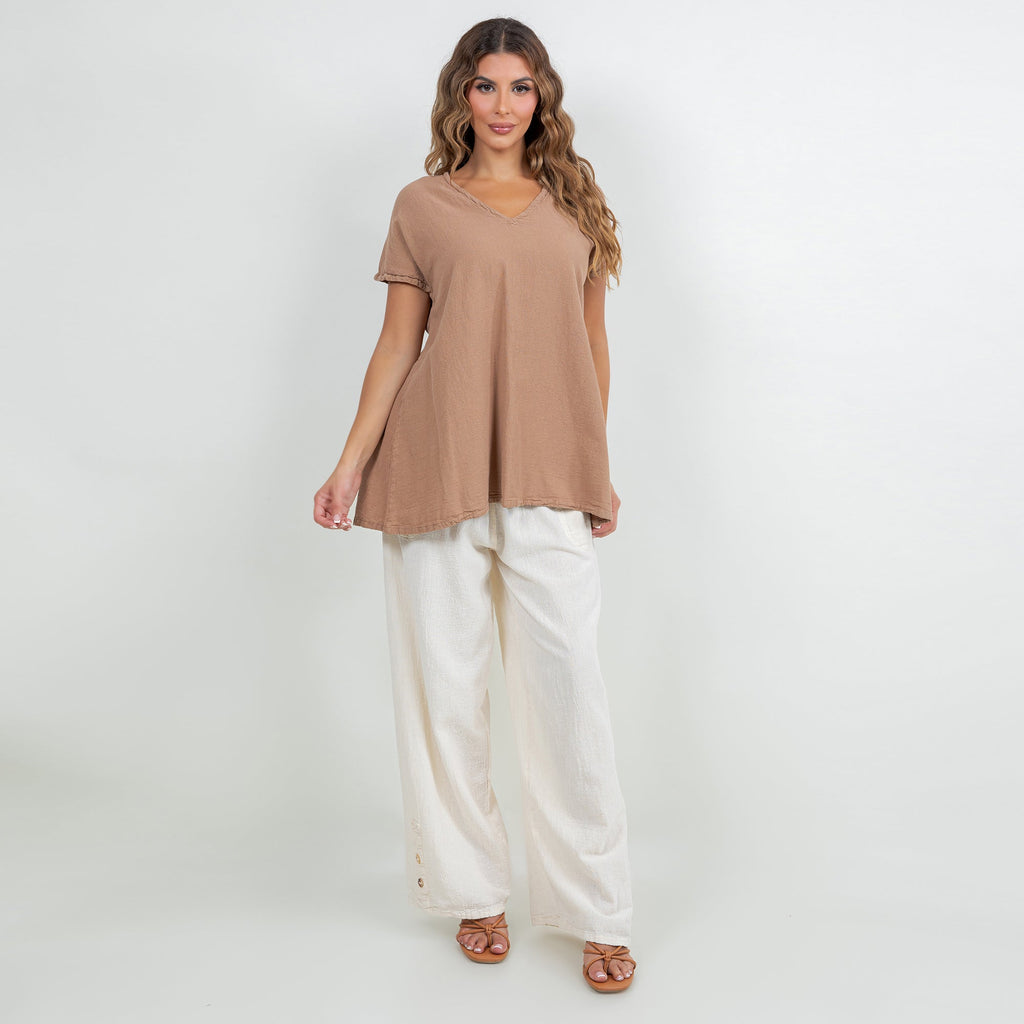 Brown cotton gauze top with V-neck and short sleeves, flowing hem for easy layering