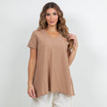 Brown cotton gauze top with V-neck and short sleeves, flowy hip-length hem