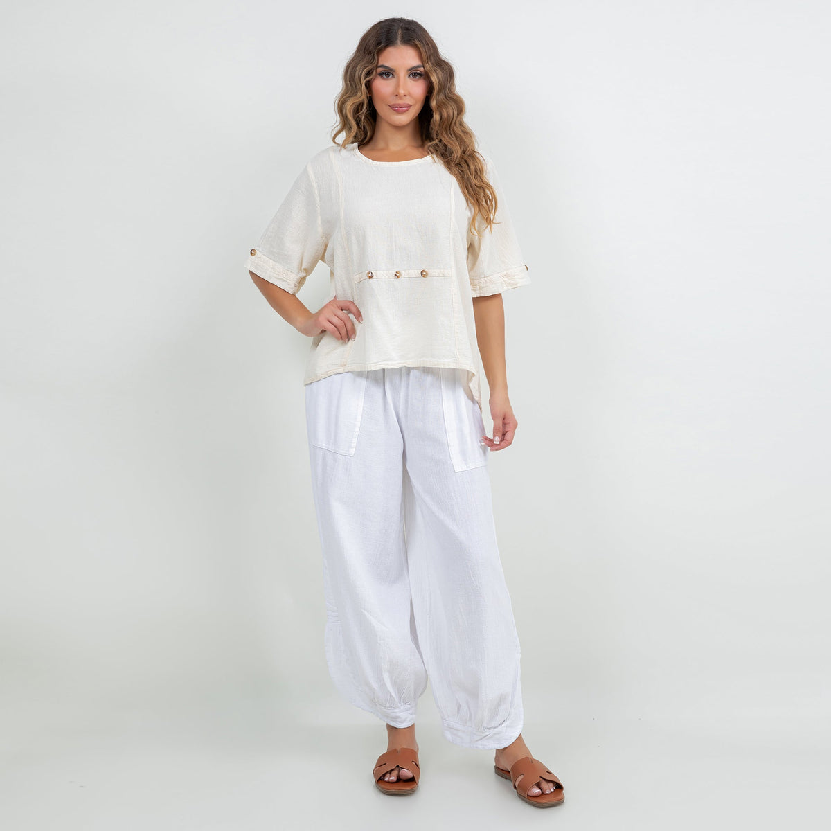 White cotton gauze Kira top with scoop neckline and button-trim front panel