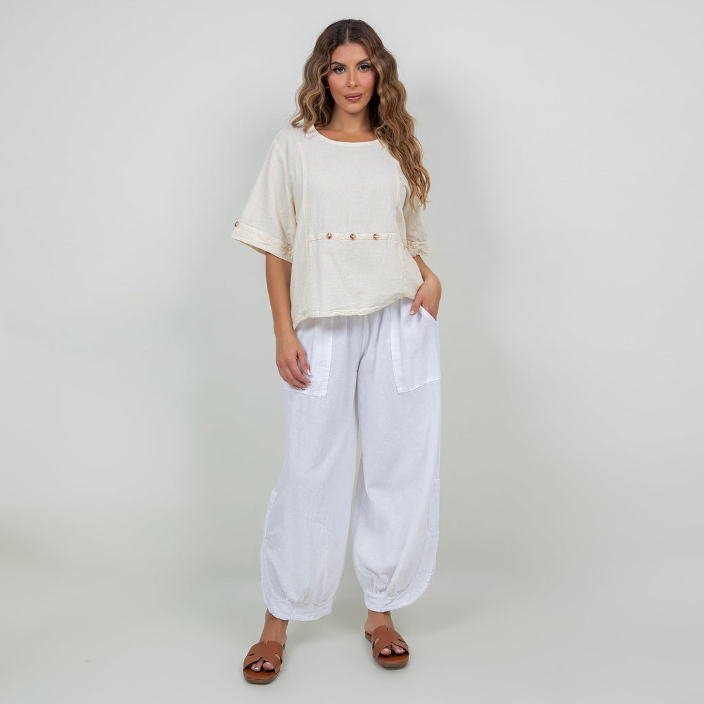 White cotton gauze Kira top, short sleeves, button-trim center panel, relaxed fit