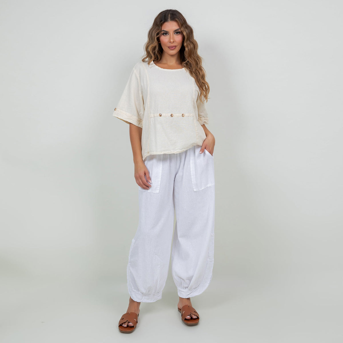 White cotton gauze Kira top, short sleeves, button-trim center panel, relaxed fit