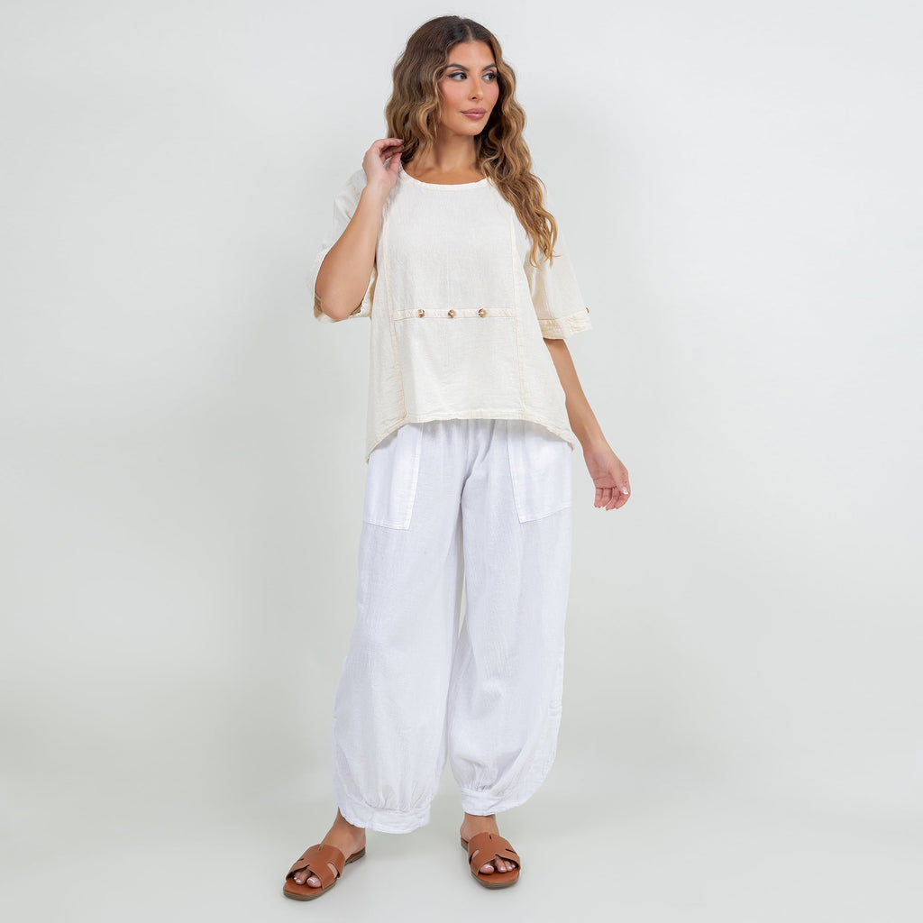 Women’s white cotton gauze Kira top with button-trim front panel and loose silhouette