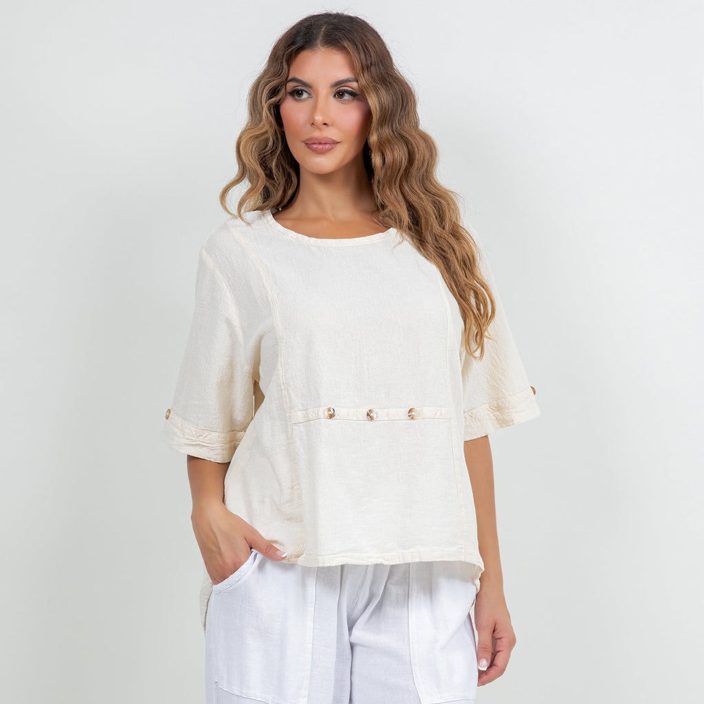Women’s cotton gauze Kira top in white, scoop neck, short sleeves, button-trim front