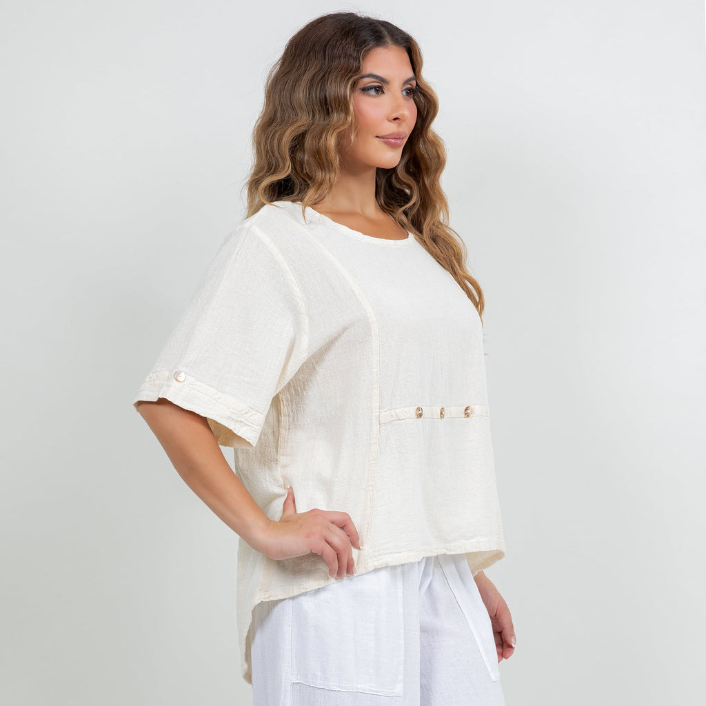 Women’s cotton gauze Kira top in white, short sleeves, button-trim front panel, side view