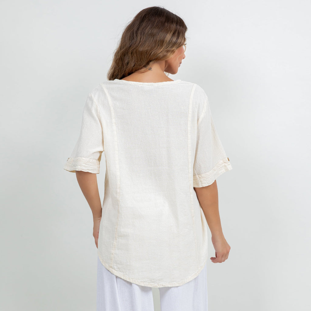 White cotton gauze Kira top, back view, short sleeves and rounded draped hem