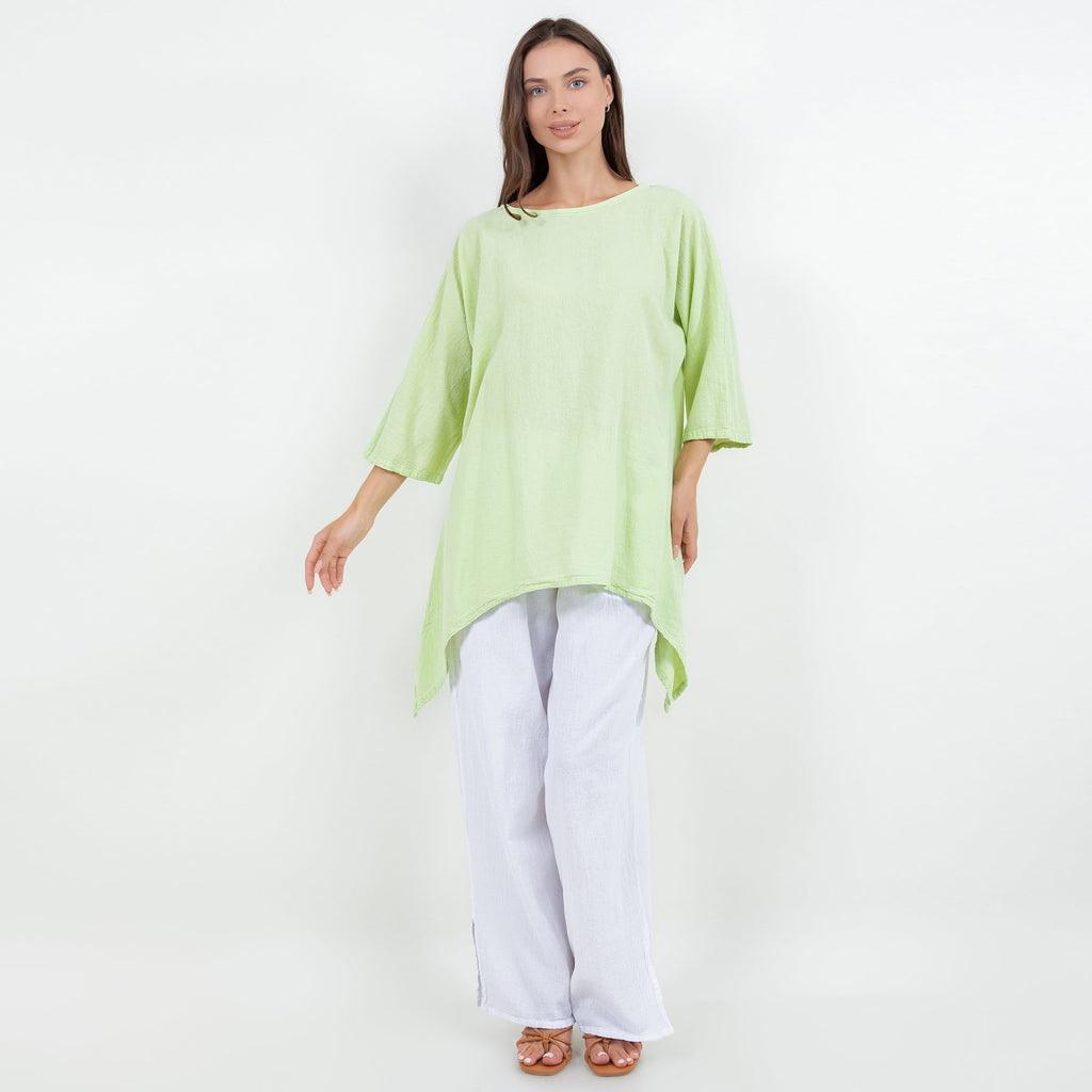 Women's cotton gauze top, lime green, wide boat neck and three-quarter loose sleeves