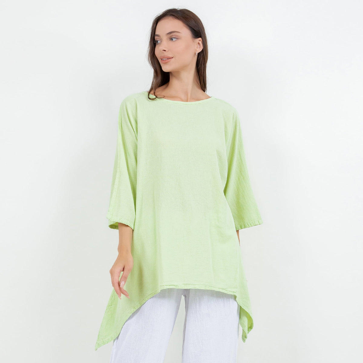 Women's cotton gauze top, lime green, front view with wide boat neck and high-low hem
