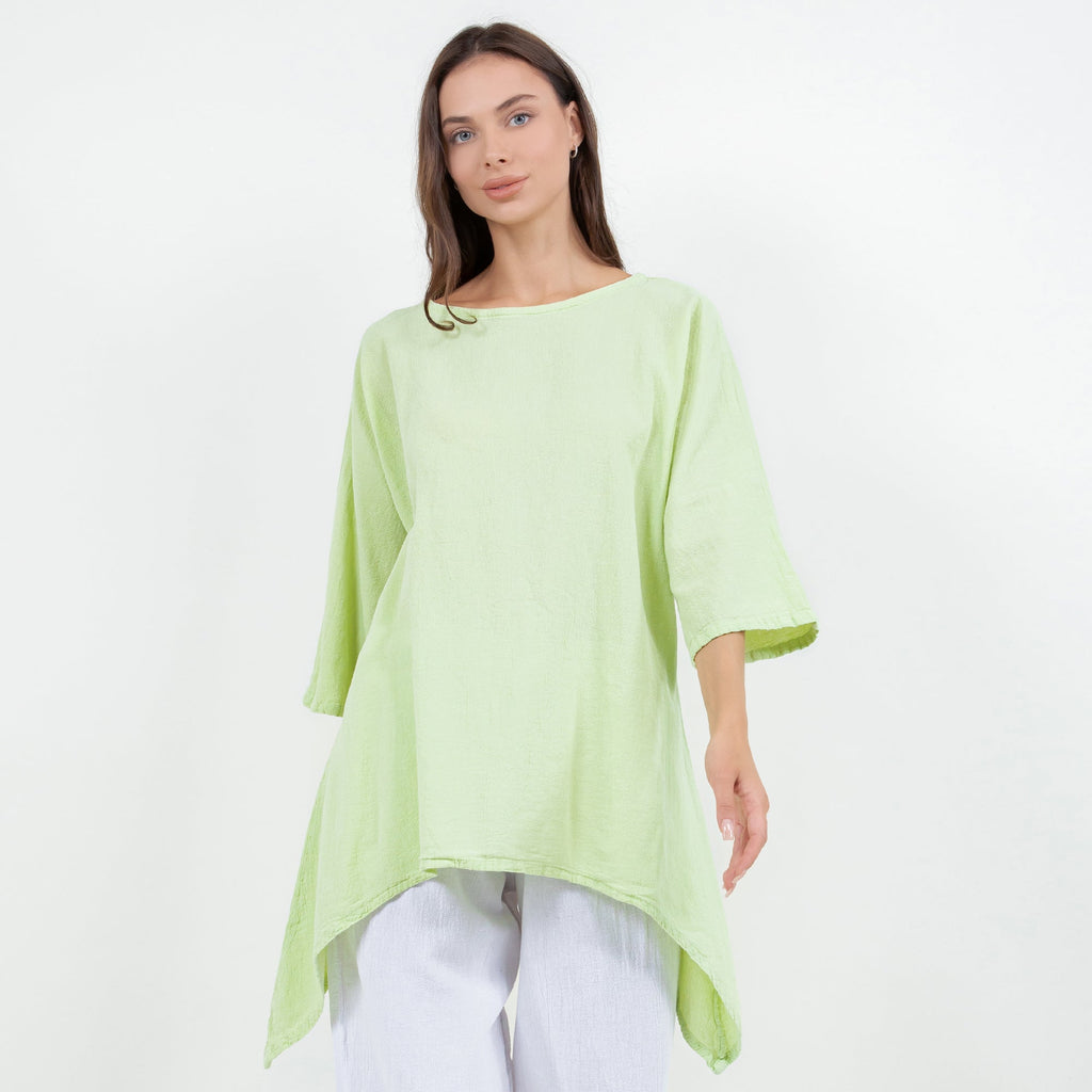 Women's cotton gauze Angela top in light green with elbow-length sleeves and draped hem