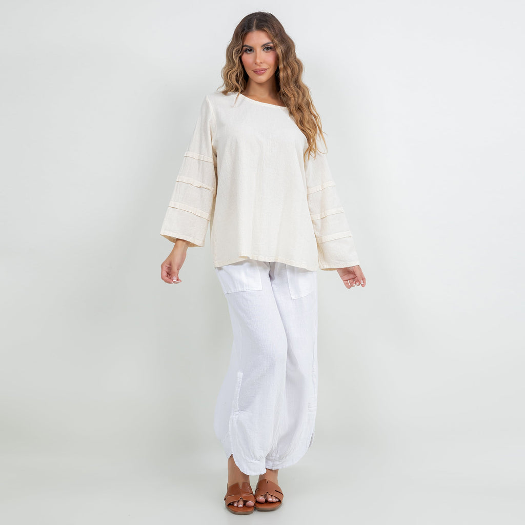 Off-white cotton gauze sabrina top with bateau neckline and tiered 3/4 sleeves
