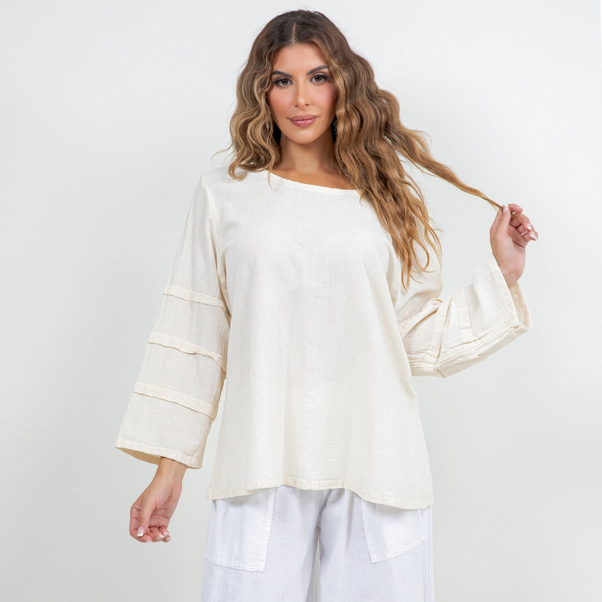 White cotton gauze sabrina top with wide bateau neckline and 3/4 tiered sleeves
