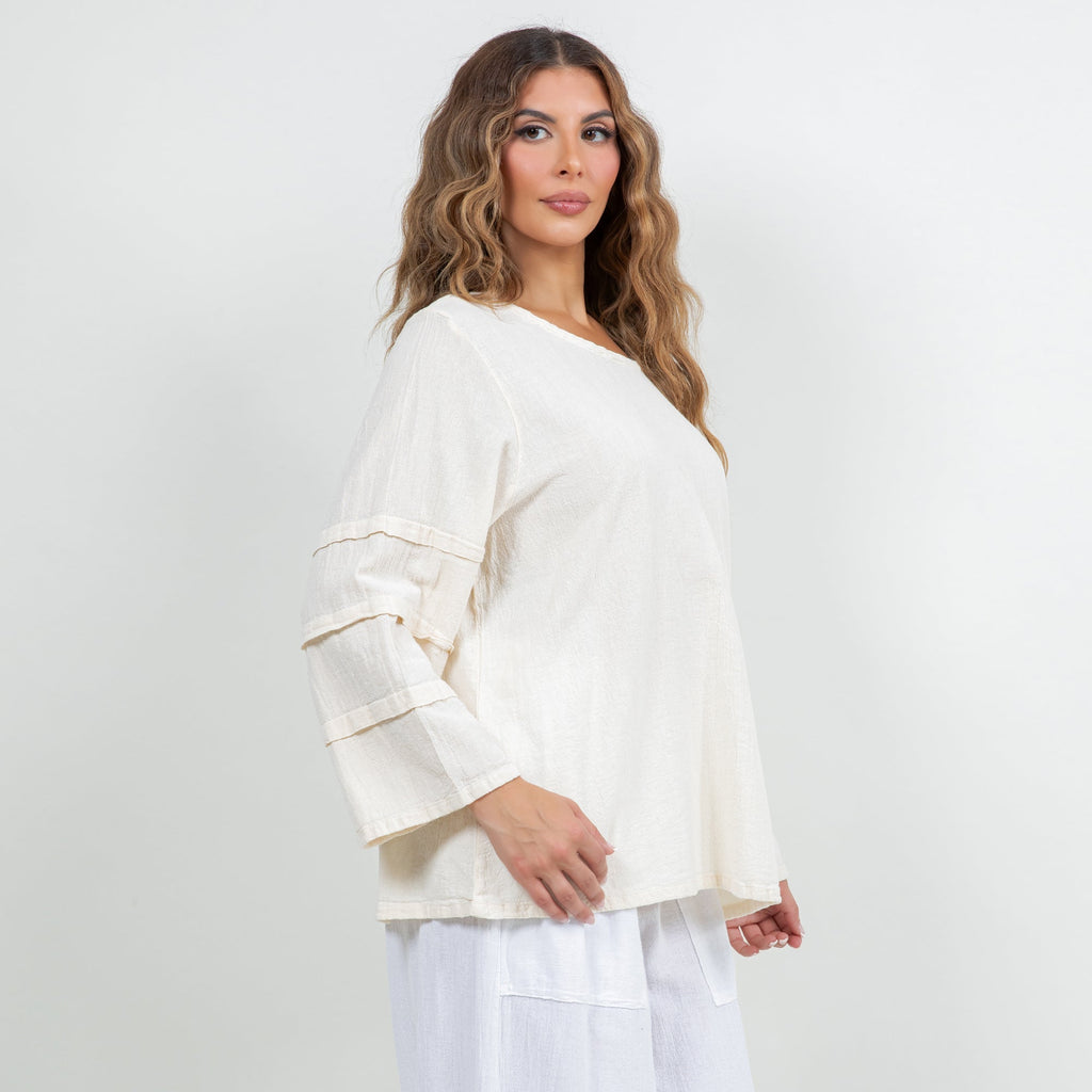 Off-white cotton gauze sabrina top with 3/4 tiered sleeves and relaxed fit