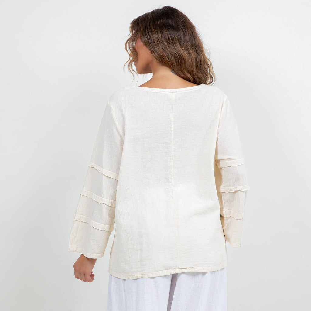 Off-white cotton gauze sabrina top shown from the back with tiered 3/4 sleeves