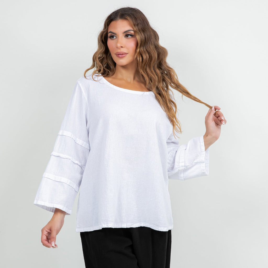 White cotton gauze sabrina top with three-quarter sleeves and banded elastic cuffs