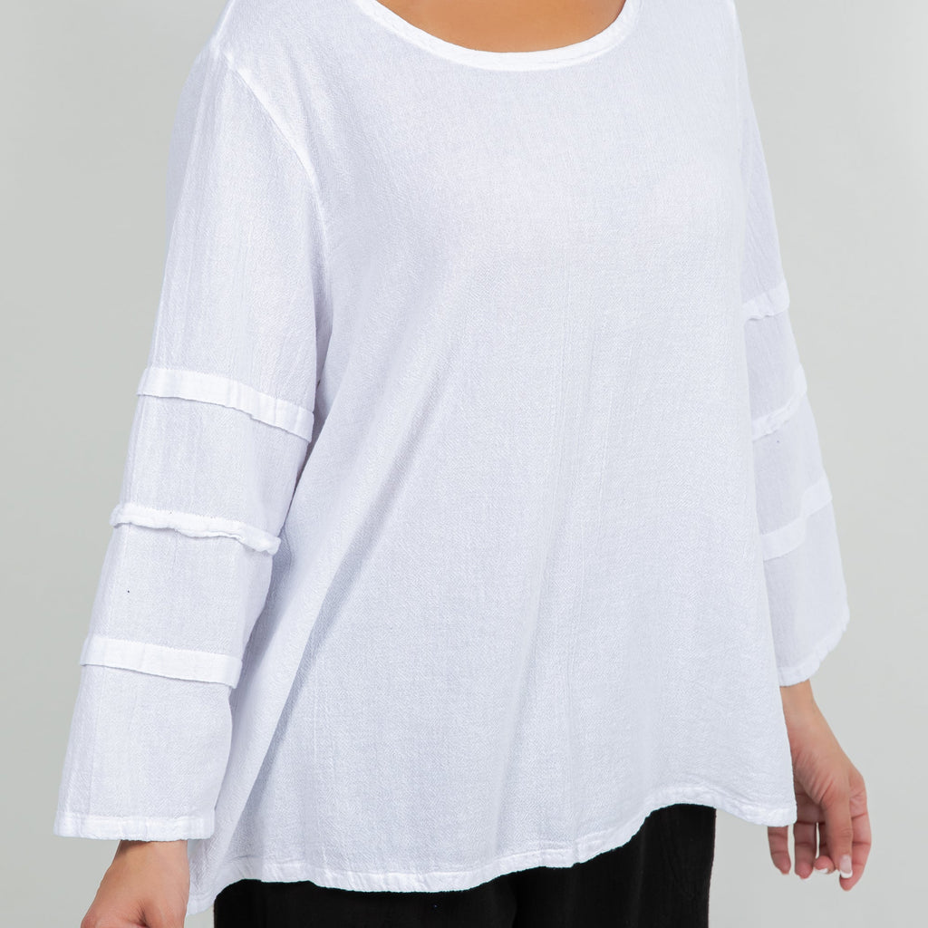 White cotton gauze sabrina top, relaxed fit with tiered 3/4 sleeves