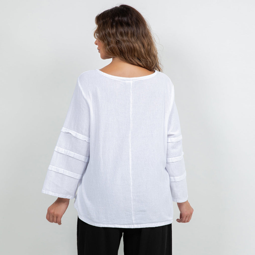 White cotton gauze sabrina top back view with banded elastic cuffs on three-quarter sleeves