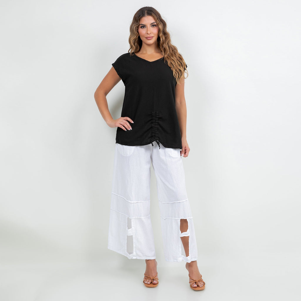 Black cotton gauze Camie top with V-neck and short sleeves, gathered side seams