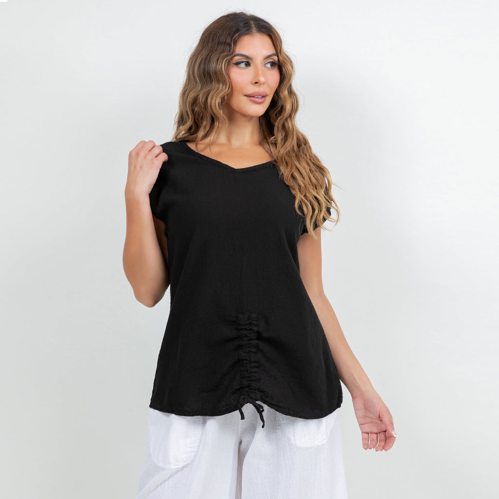 Black cotton gauze Camie top with V-neck and short sleeves, gathered drawstring detail
