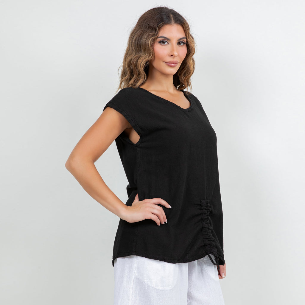 Black cotton gauze Camie top with V-neck and short sleeves, ruching at the hem