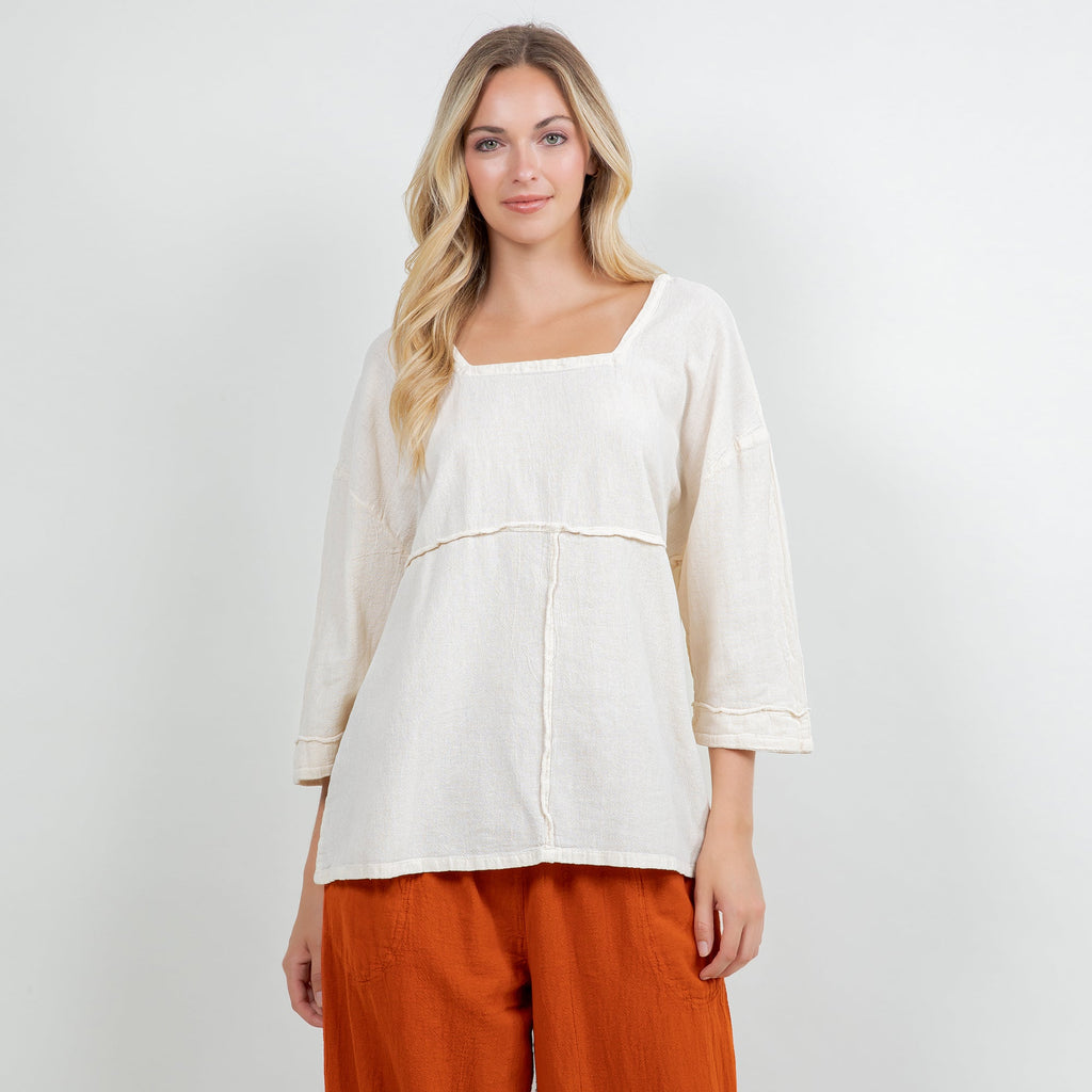 Cream cotton gauze top with square neckline and vertical seam panel