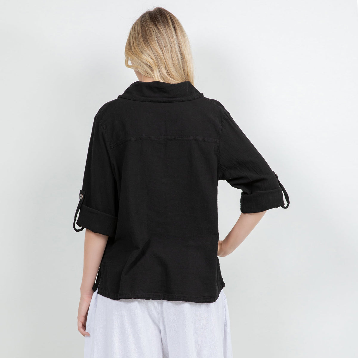 Cotton gauze button-up shirt, black, back view with relaxed yoke and sleeves