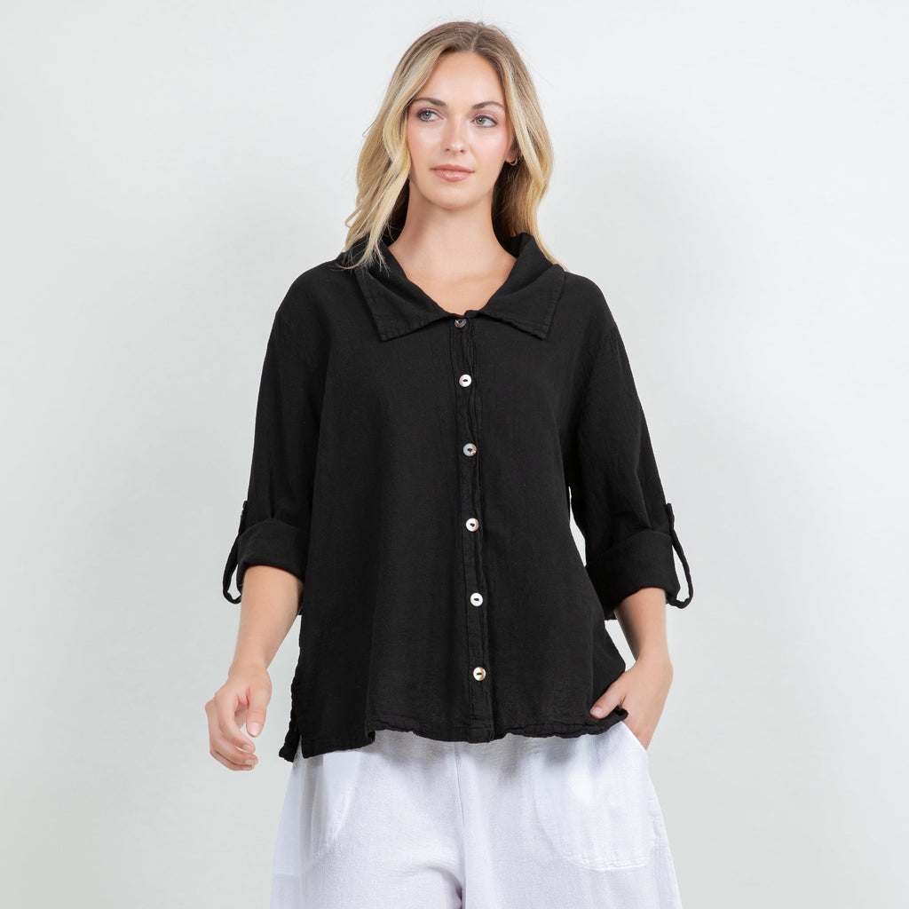 Black cotton gauze button-up shirt with point collar and cuff ties