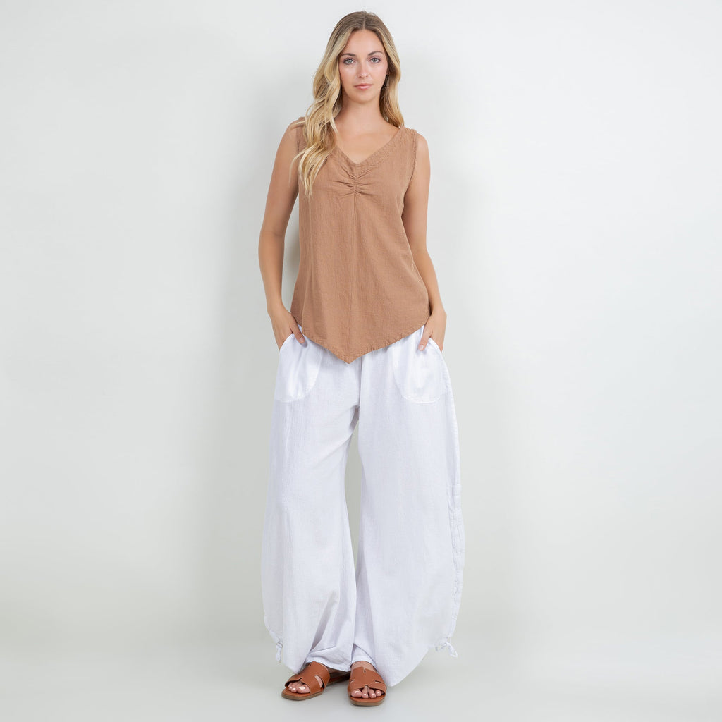 Women’s cotton gauze tank top in tan, V-neck with pleated detail, sleeveless