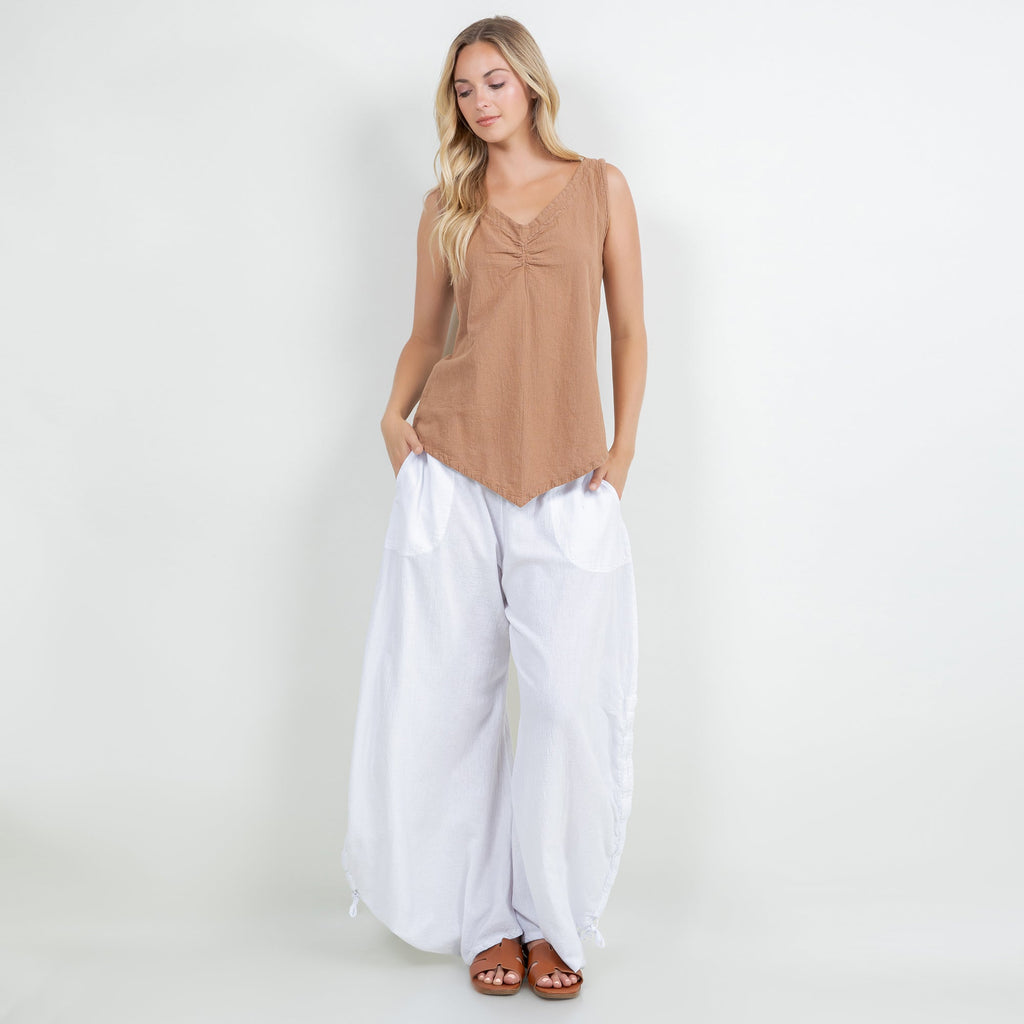 Women’s cotton gauze tank top in tan, V-neck with gathered center, sleeveless