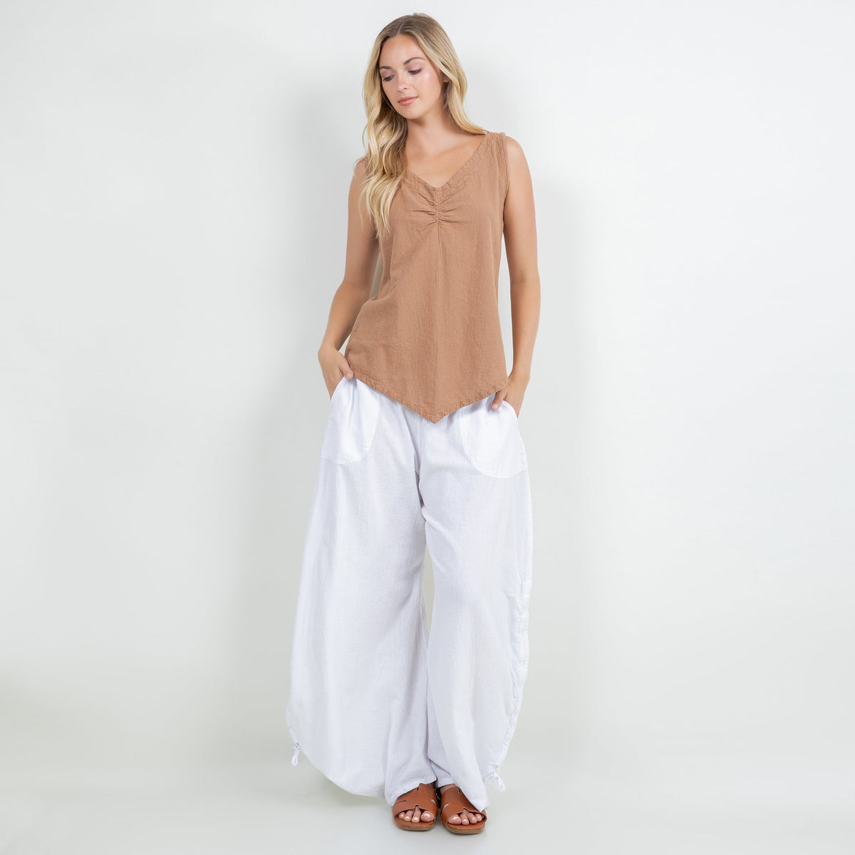 Women’s cotton gauze tank top in tan, V-neck with gathered center, sleeveless