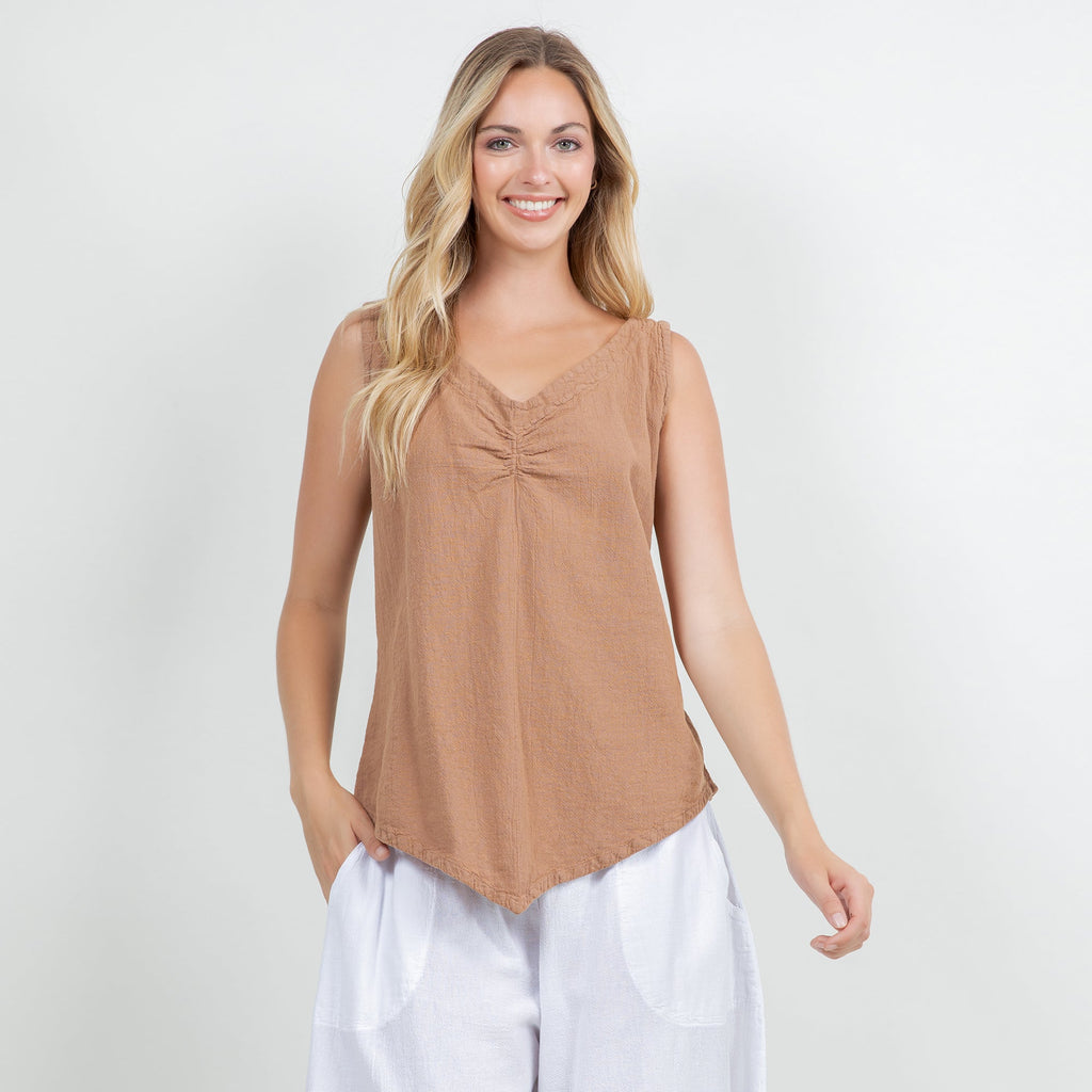 Women’s cotton gauze tank top, warm brown V-neck with gathered center front