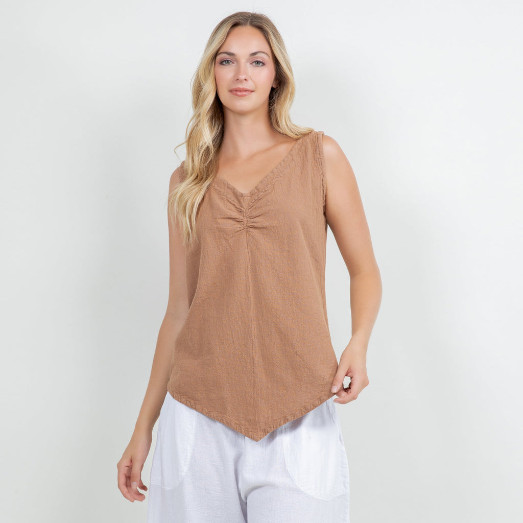 Women’s cotton gauze tank top, warm brown sleeveless V-neck with ruched chest