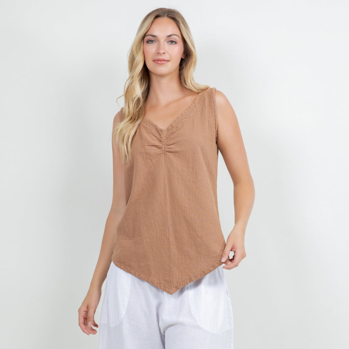 Women’s cotton gauze tank top, warm brown sleeveless V-neck with ruched chest