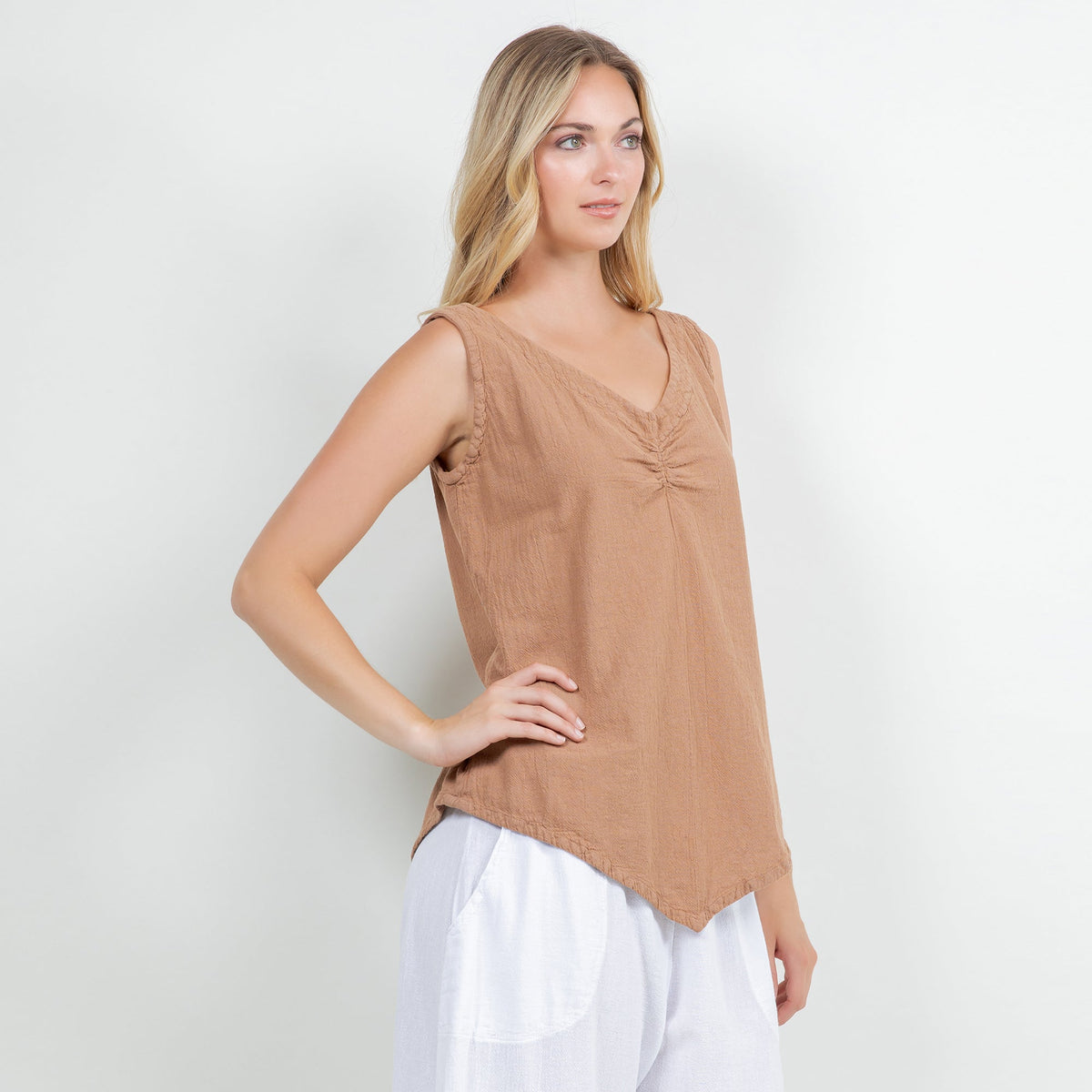 Women’s cotton gauze tank top, warm brown V-neck with gathered front detail
