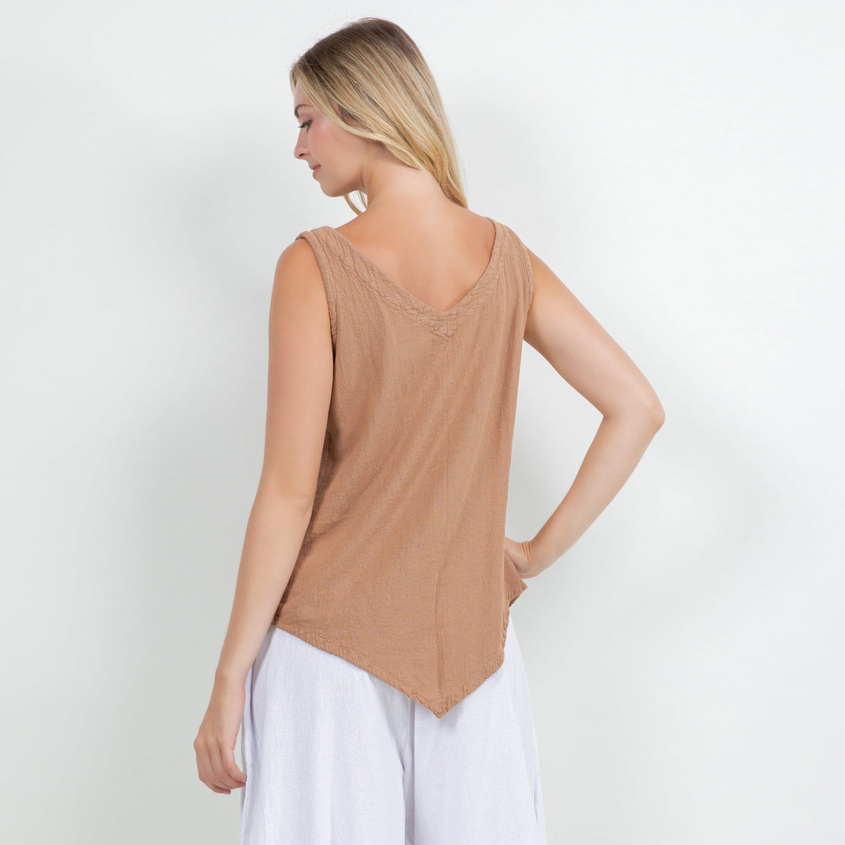 Women’s cotton gauze tank top in tan, scoop back, sleeveless, flowy hem