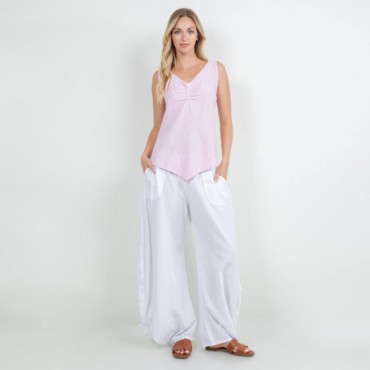 Women’s cotton gauze tank top, lilac sleeveless V-neck with gathered front detail
