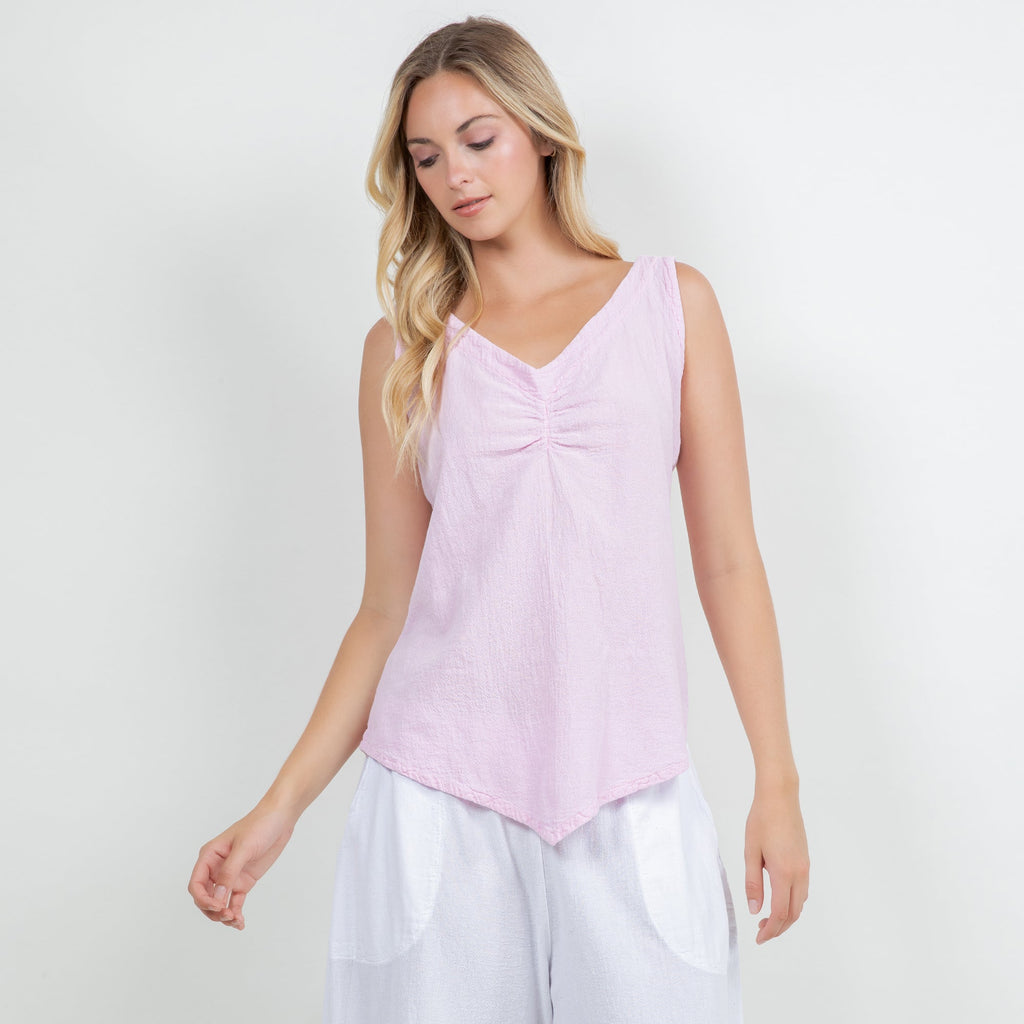 Women’s cotton gauze tank top, lilac V-neck with gathered center front