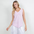 Women’s cotton gauze tank top, lilac V-neck with gathered center front