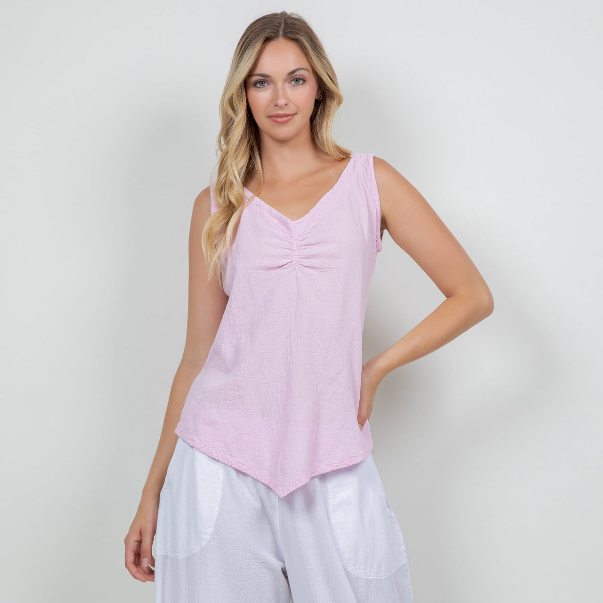 Women’s cotton gauze tank top, lilac sleeveless V-neck with gathered chest detail