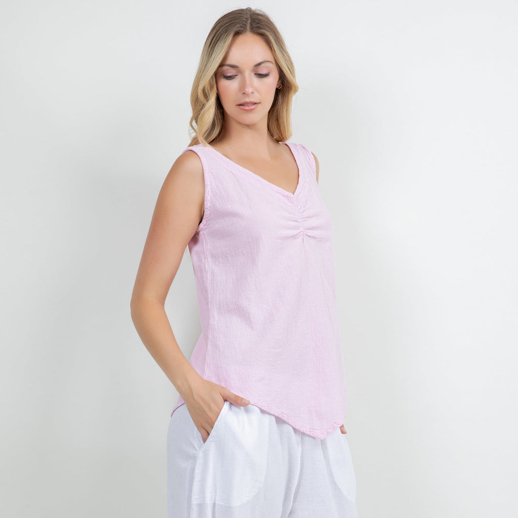 Women’s cotton gauze tank top, lilac V-neck with gathered front and curved hem