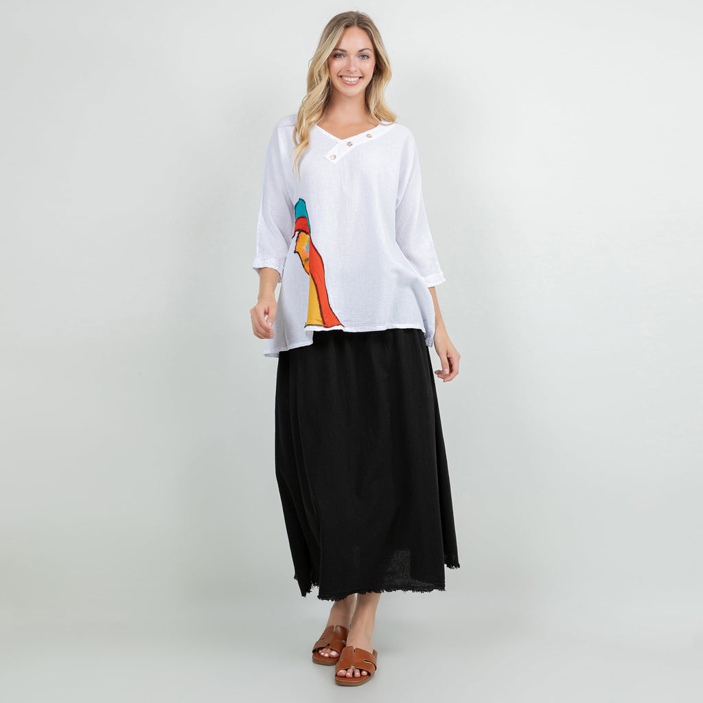 Black one-size cotton gauze midi skirt, raw frayed bottom