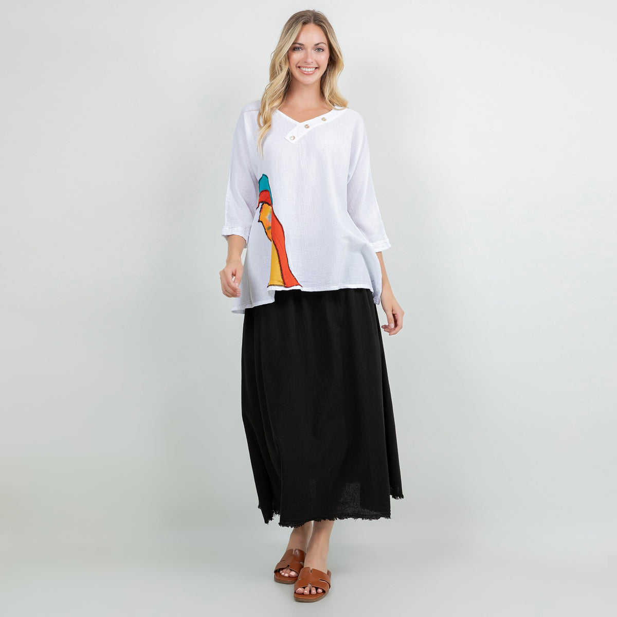 Black one-size cotton gauze midi skirt, raw frayed bottom