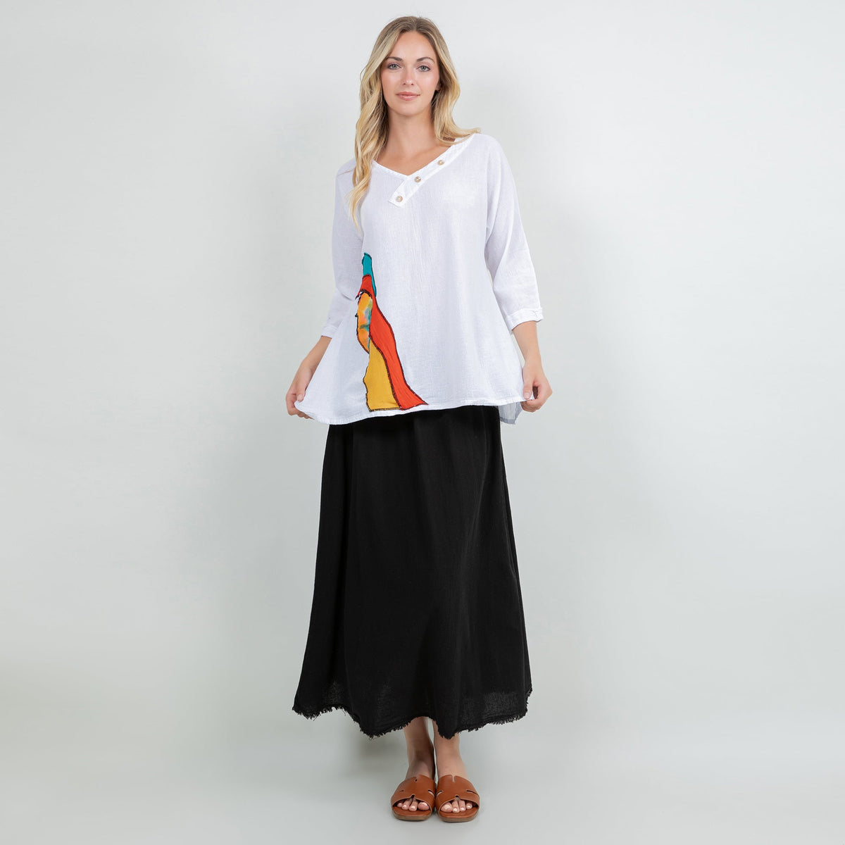 Black cotton gauze skirt, one-size, frayed hem and drape