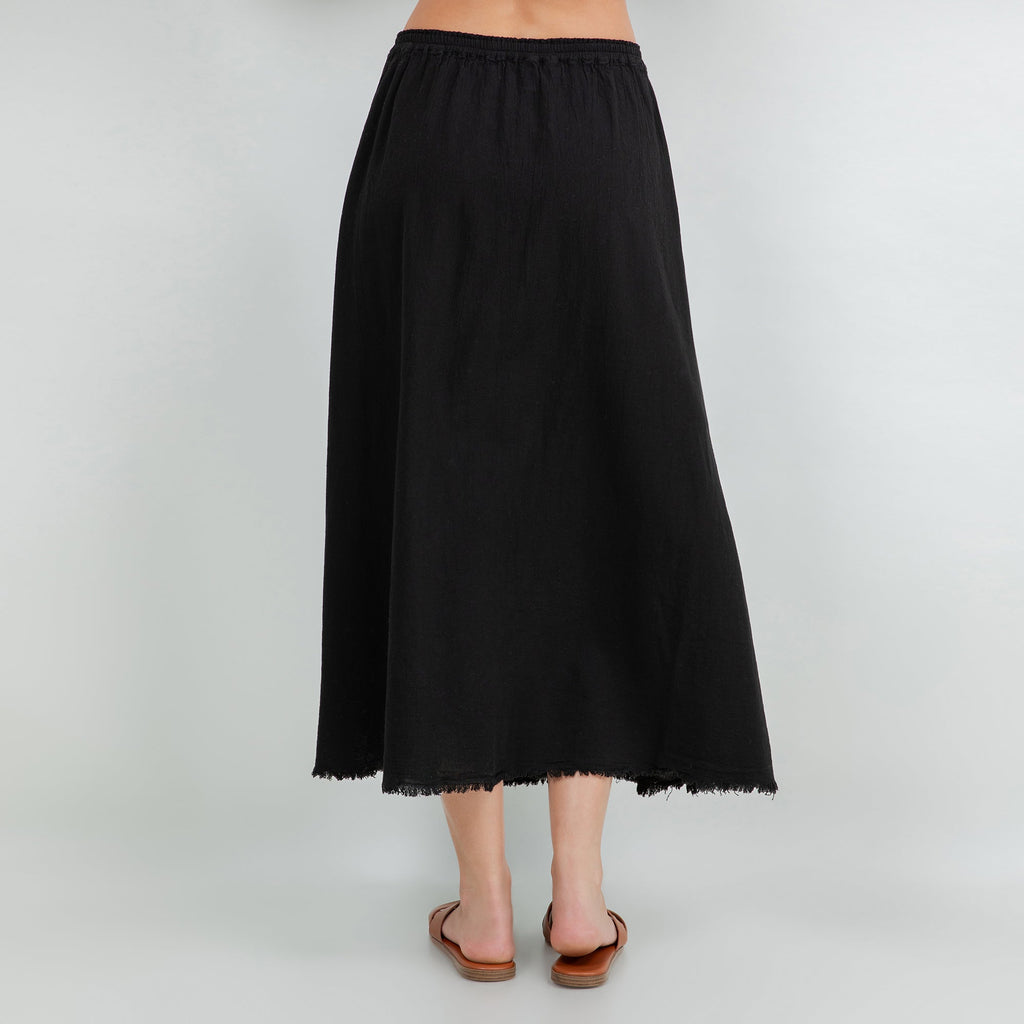 Black cotton gauze midi skirt with elastic waistband and raw frayed hem