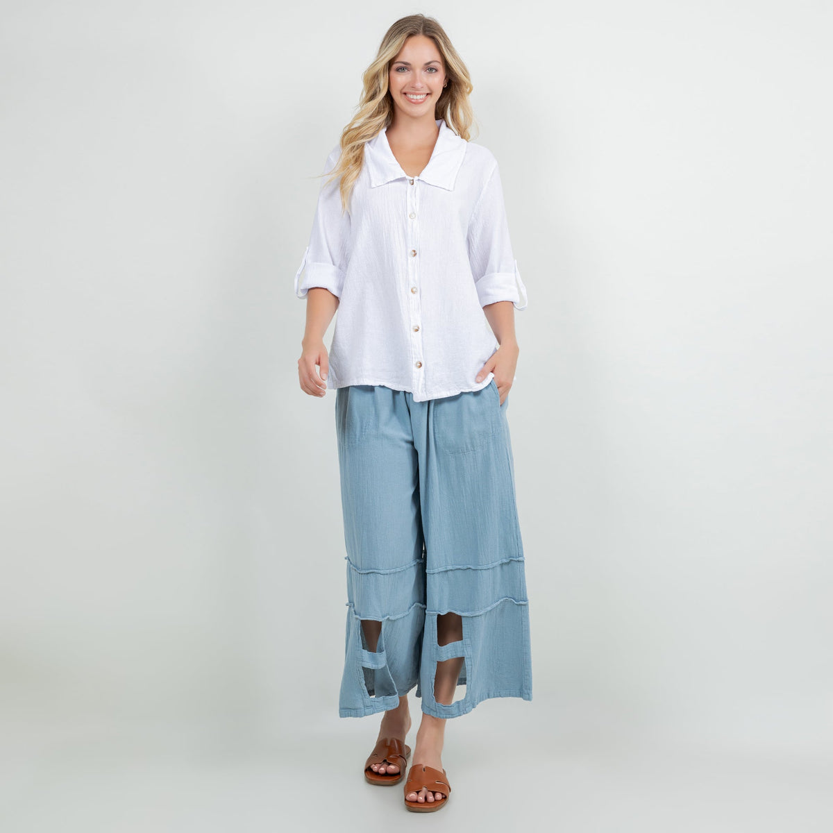 White cotton gauze button-up shirt with point collar and gold-tone front buttons