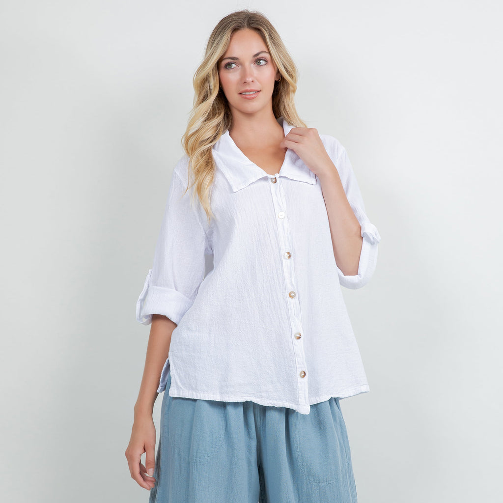 White cotton gauze button-up shirt with point collar and gold-tone front buttons