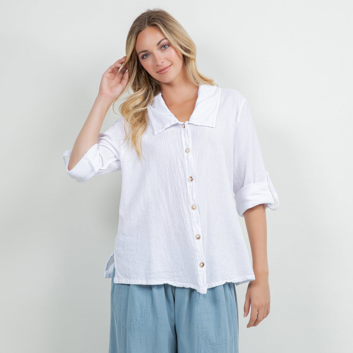 White cotton gauze button-up shirt with point collar and gold-tone front buttons
