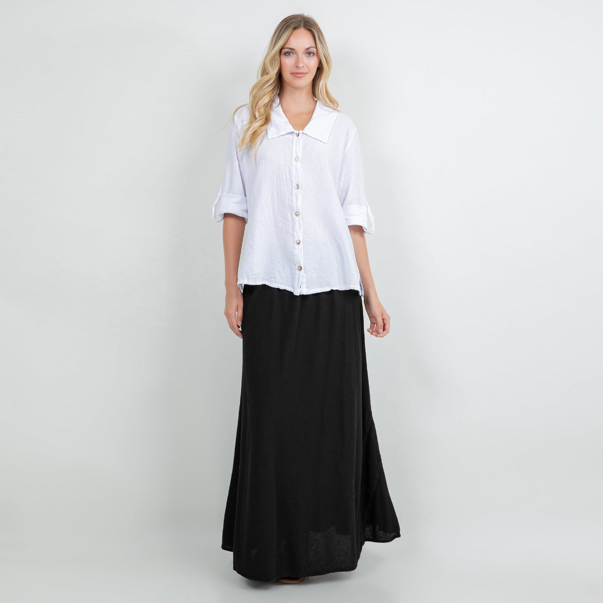 Cotton gauze button-up shirt, white, relaxed fit with button front and collar