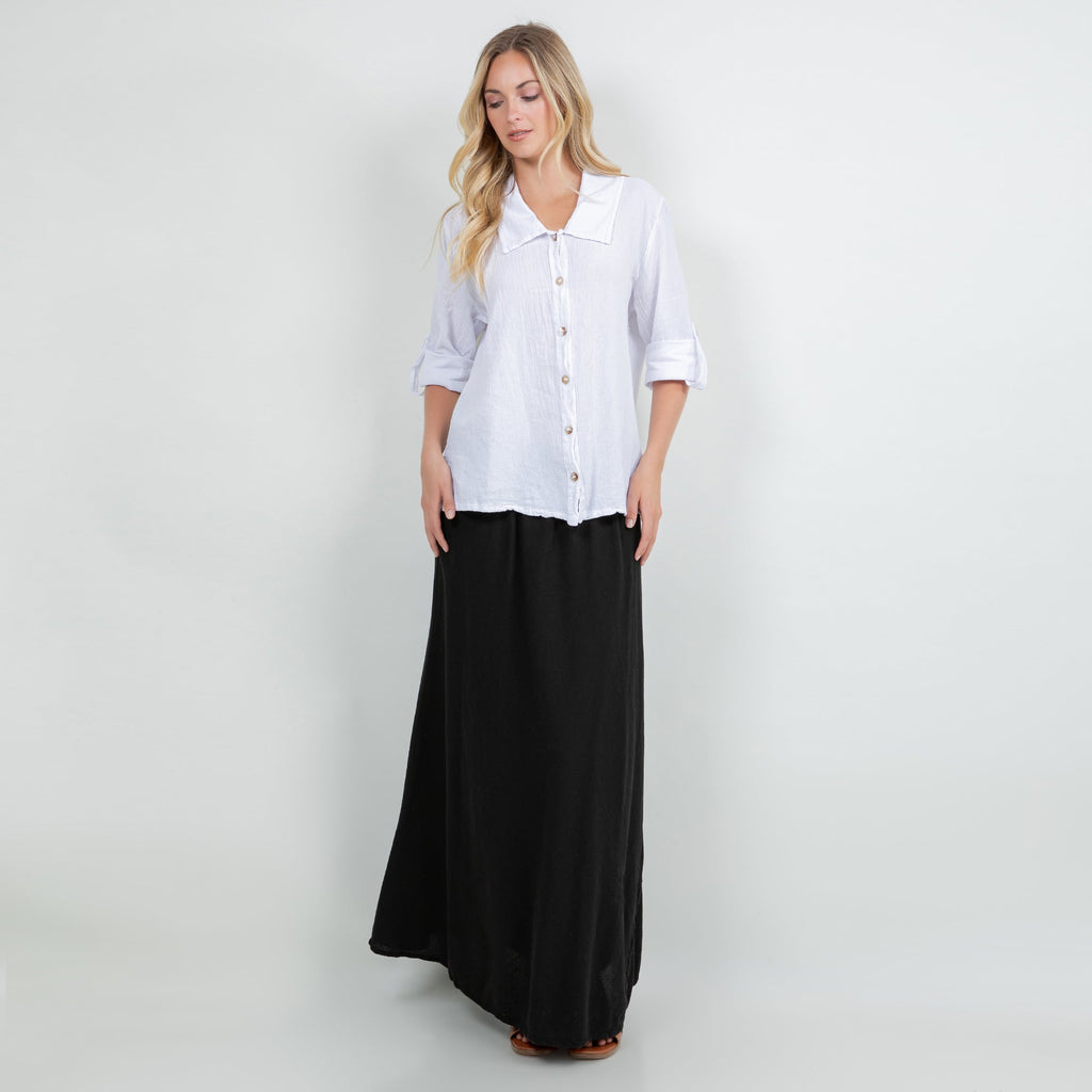 Cotton gauze button-up shirt, white, collared neckline with visible front buttons